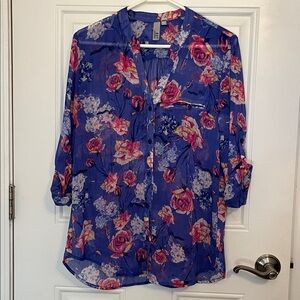 Kut From The Kloth Jasmine Blue Floral Button Blouse Size Large